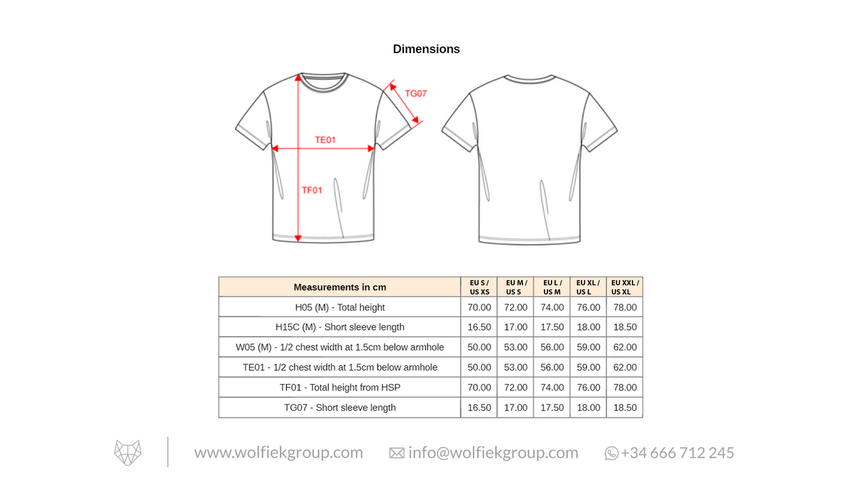 Effecto blue t-shirt measurements in cm table